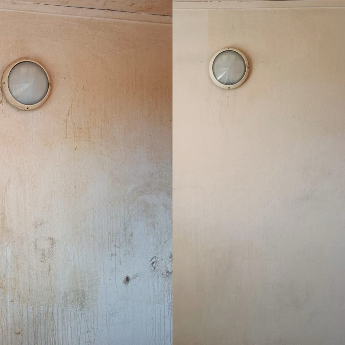 A before and after picture of a wall with two lights on it.