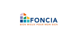 A colorful logo for foncia bien mieux pour mon bien on a white background.