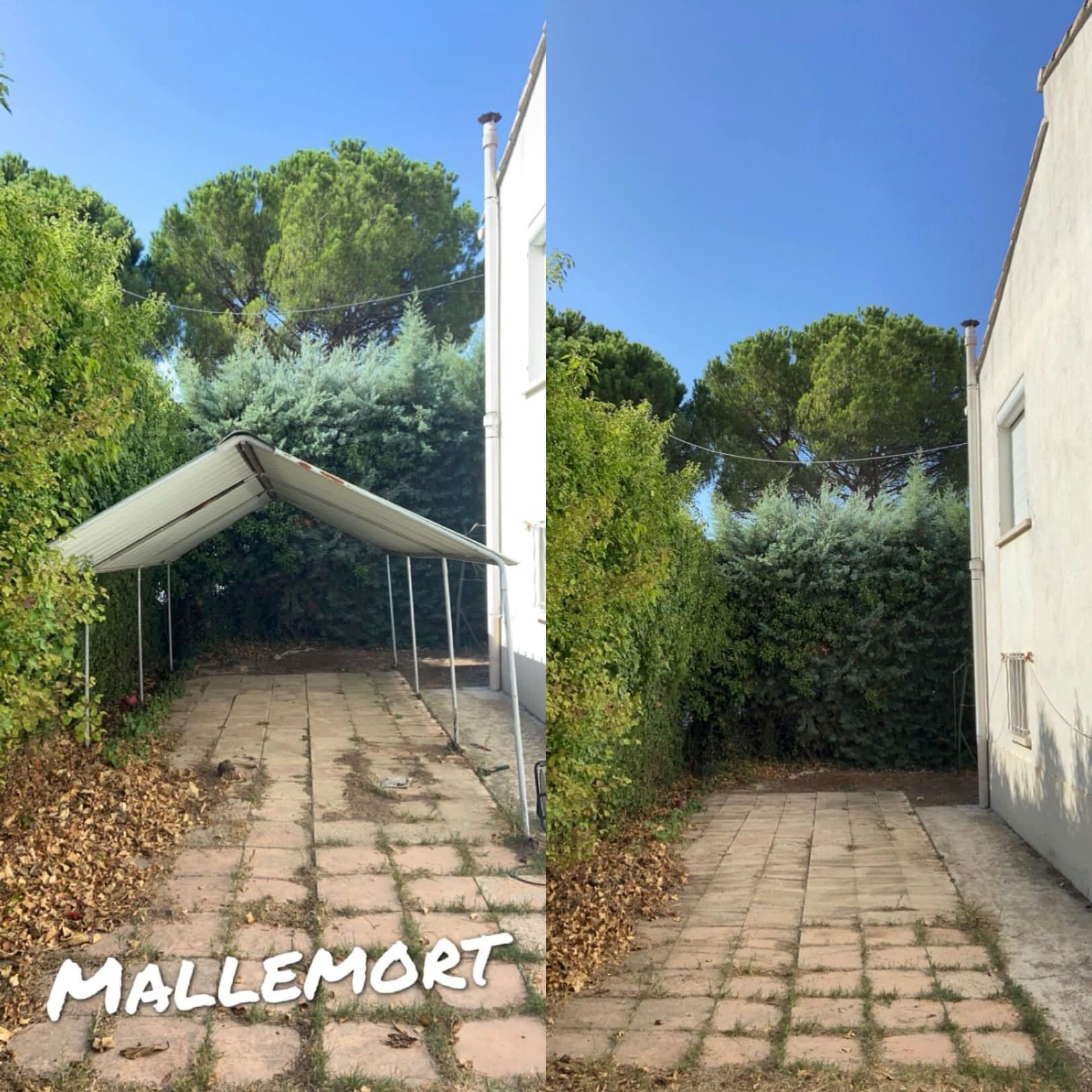 A before and after picture of a mallemort house