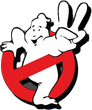 A ghostbusters logo with a ghost giving a peace sign