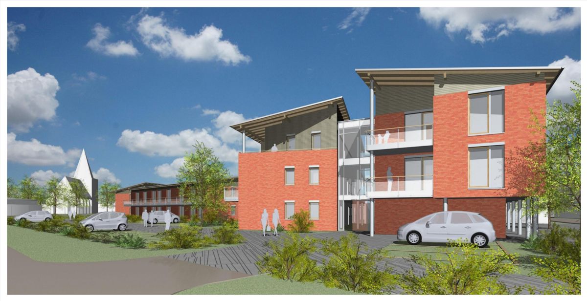 Eine künstlerische Darstellung eines Backsteinwohnhauses mit einem davor geparkten Auto.