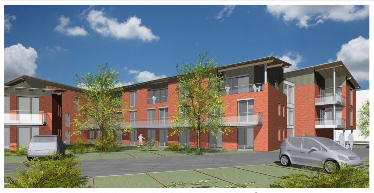 Eine künstlerische Darstellung eines Gebäudes mit einem davor geparkten Auto