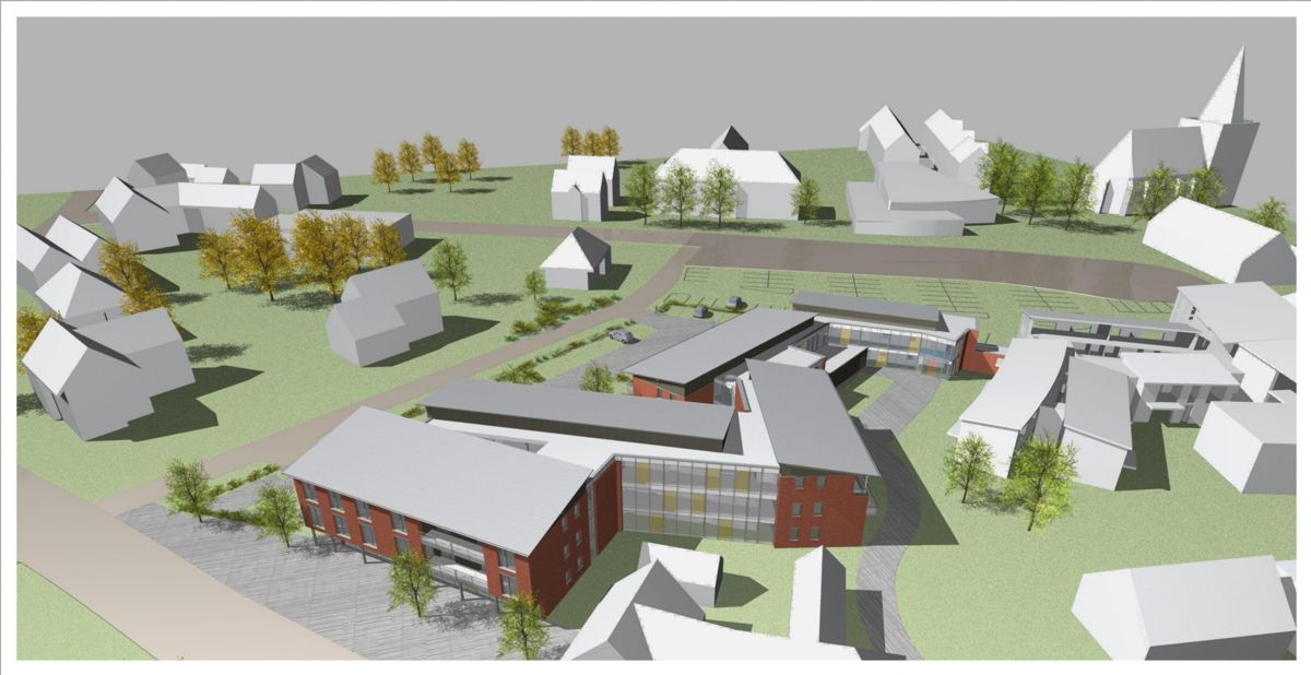 Eine Luftaufnahme einer kleinen Stadt mit Häusern und Bäumen