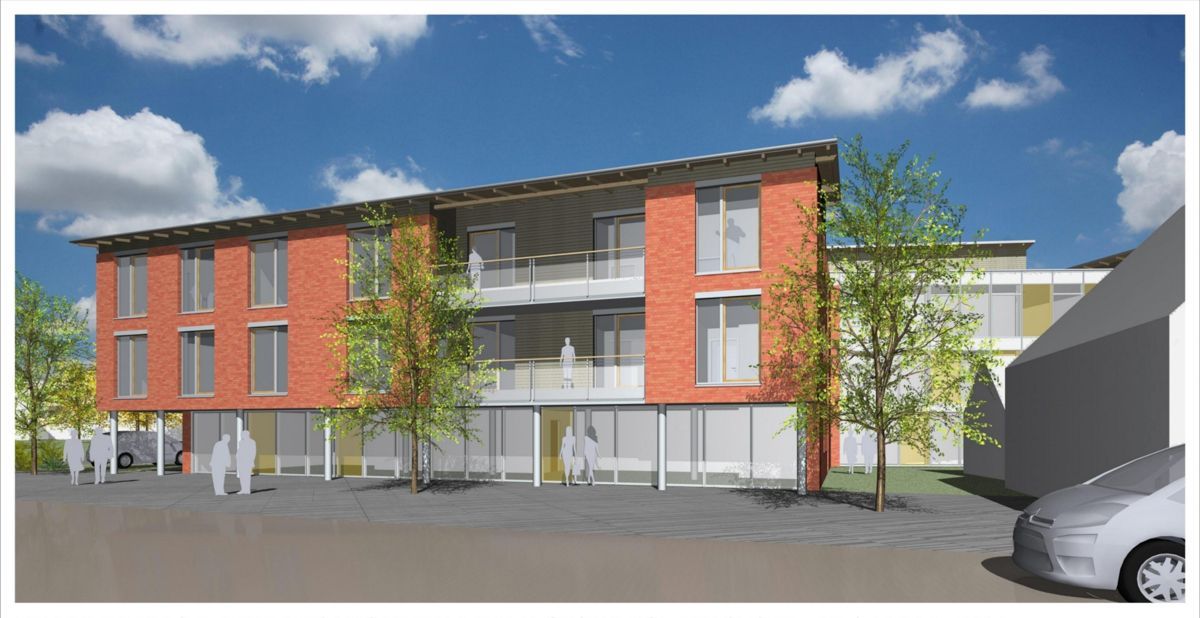 Eine künstlerische Darstellung eines Gebäudes mit einem davor geparkten Auto