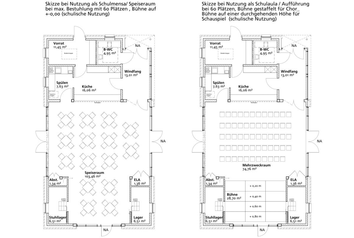 Ein schwarz-weißer Grundriss eines Gebäudes mit Tischreihen.