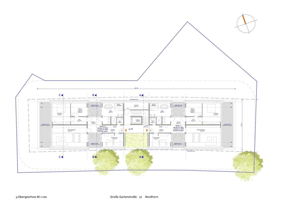 Ein Grundriss eines Gebäudes mit Bäumen davor.