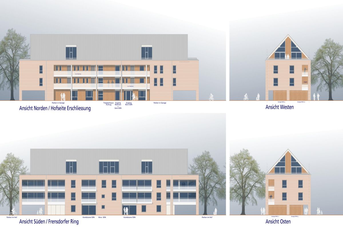 Ein Satz von vier Zeichnungen eines Gebäudes mit Bäumen davor.