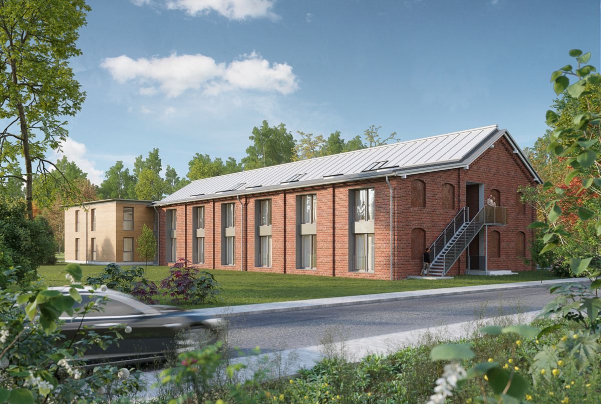 Eine künstlerische Darstellung eines Backsteingebäudes mit einem davor geparkten Auto.