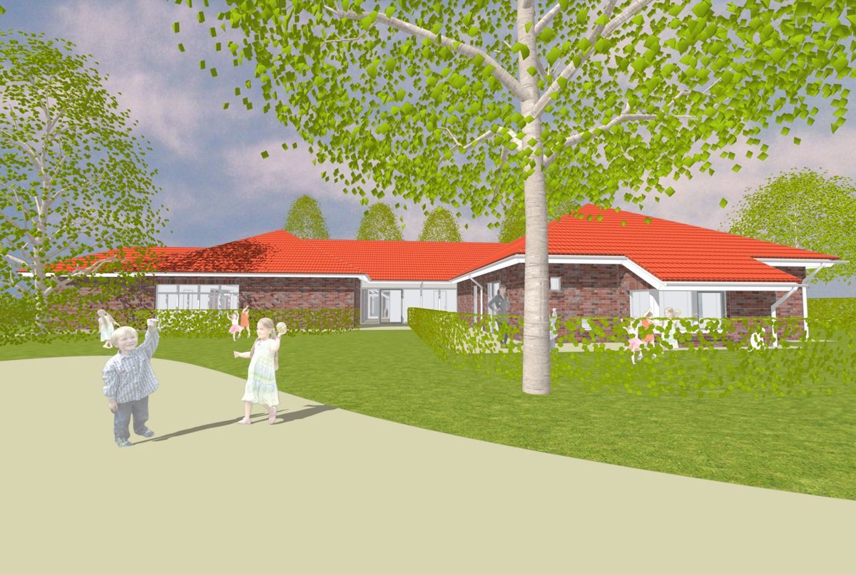 Ein paar Kinder stehen vor einem Haus mit einem roten Dach.