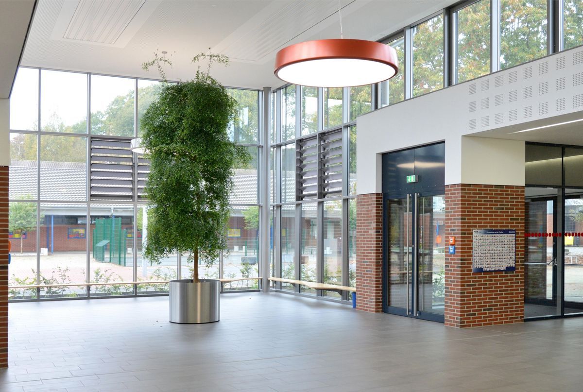 Eine große Lobby mit vielen Fenstern und einer Topfpflanze in der Mitte.