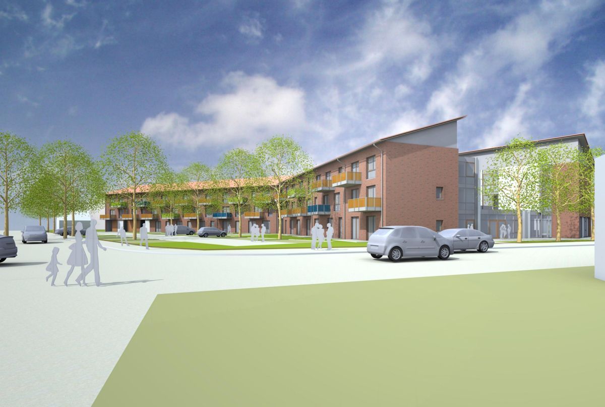 Künstlerische Darstellung eines Gebäudes mit davor geparkten Autos.