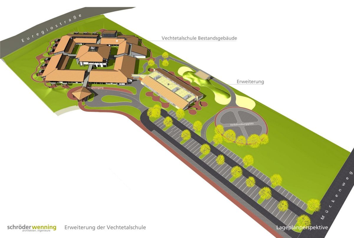 Eine Luftaufnahme eines Gebäudes mit vielen Parkplätzen