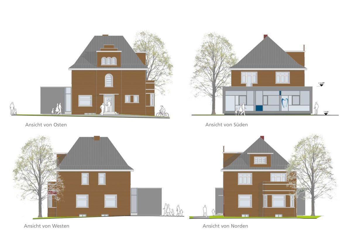 Vier Zeichnungen eines Hauses mit Bäumen davor