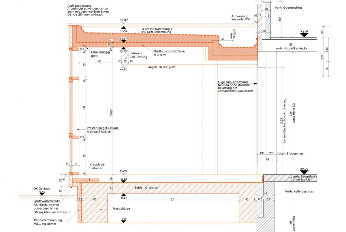 Eine Zeichnung eines Gebäudes mit Maßangaben