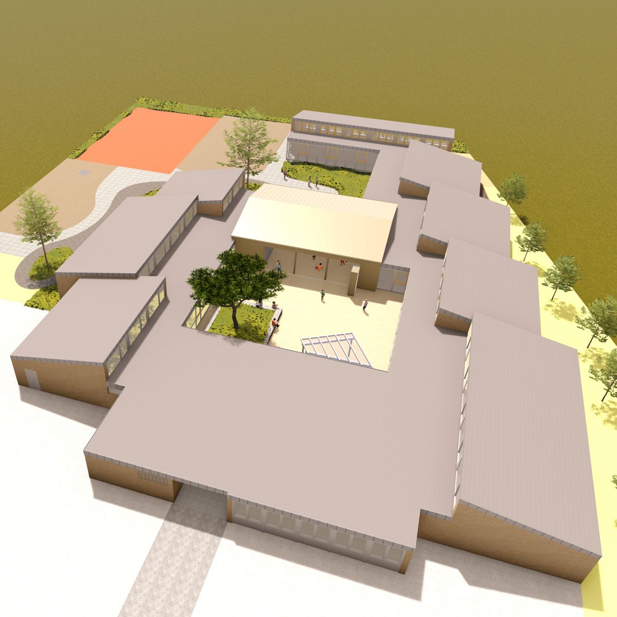 Eine Luftaufnahme eines großen Gebäudes mit Bäumen in der Mitte