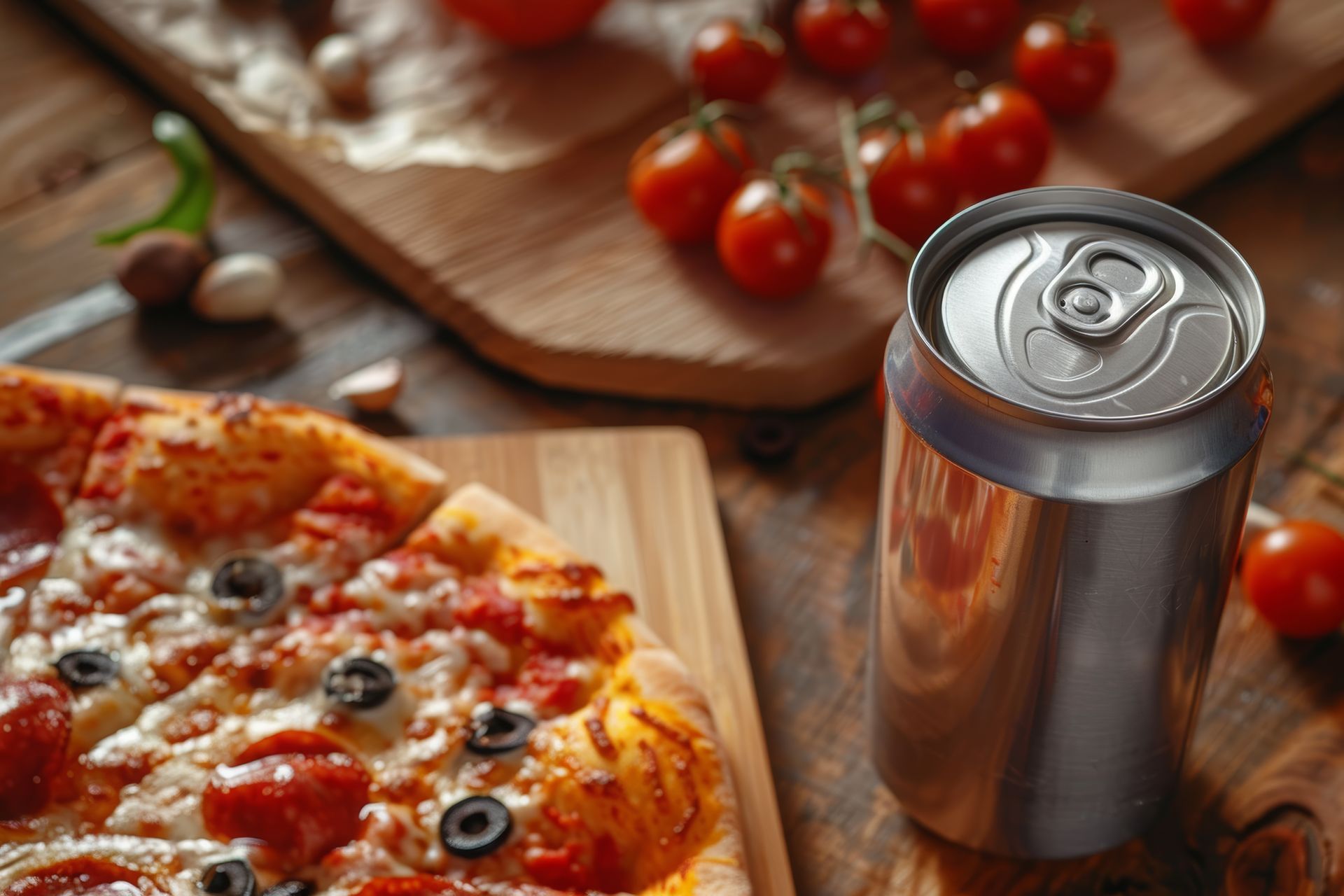 Pizza aux olives et au pepperoni, canette de soda, tomates sur planches en bois.