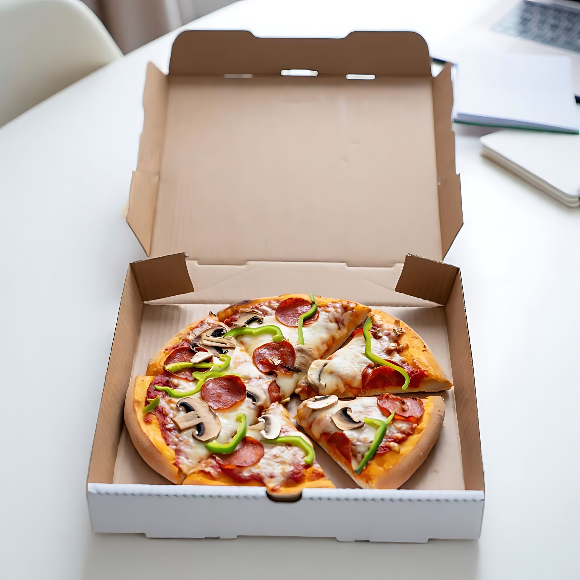 Pizza dans une boîte en carton ouverte sur une table blanche, garnie de poivrons verts, de champignons et de pepperoni.