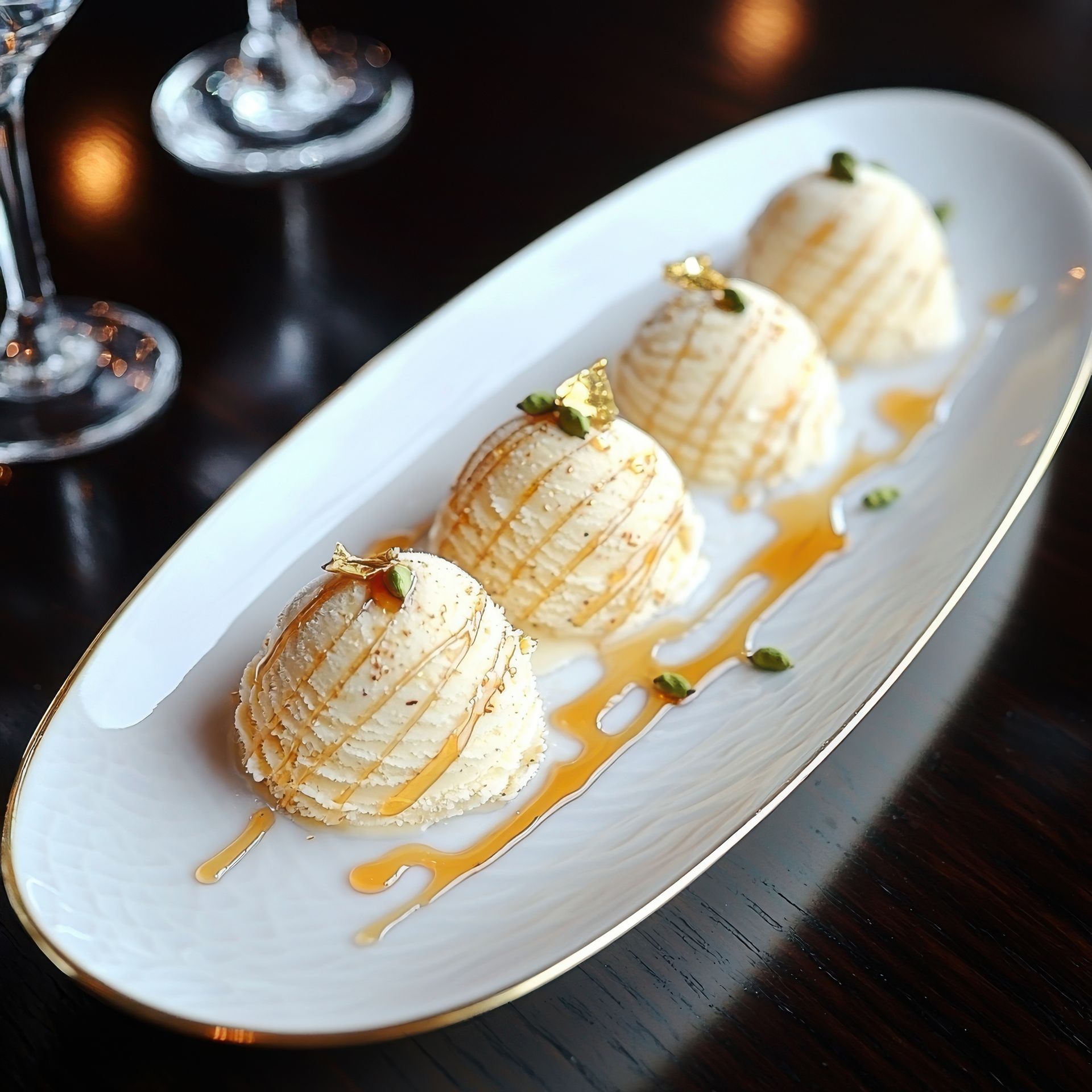 Quatre boules de dessert nappées de caramel et garnies de paillettes d'or et de pistaches, présentées sur un plat blanc.