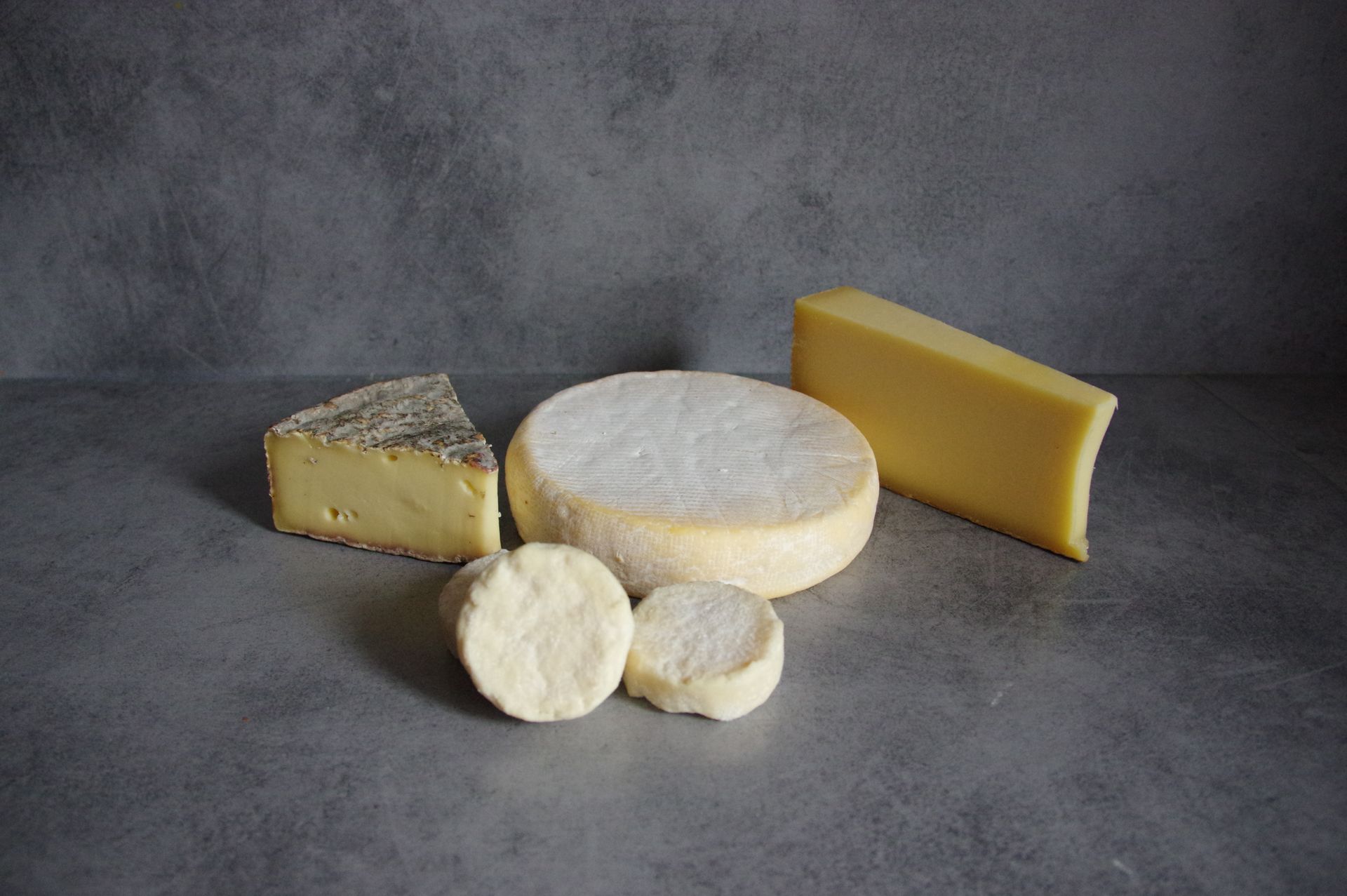 Fromages variés : fromages ronds à pâte molle blanche et à croûte fleurie ; fromages jaune pâle en tranches triangulaires, rondes et en quartiers, le tout sur un fond gris.