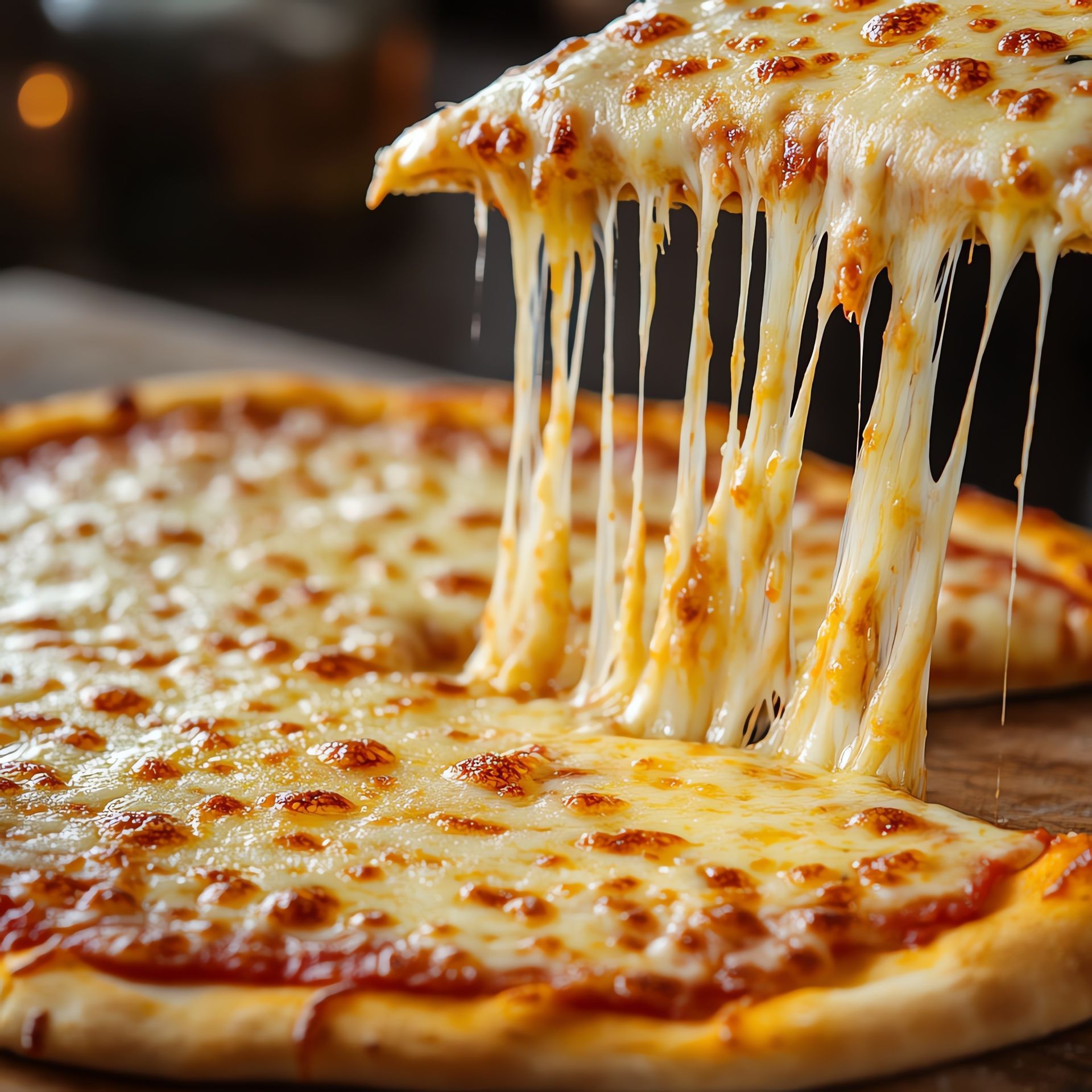 On soulève une part de pizza, révélant du fromage fondu qui s'étend du reste de la pizza.