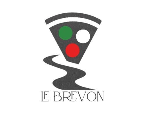 Logo du restaurant de pizzas Le Brevon : une part de pizza aux couleurs du drapeau italien sur une route sinueuse.