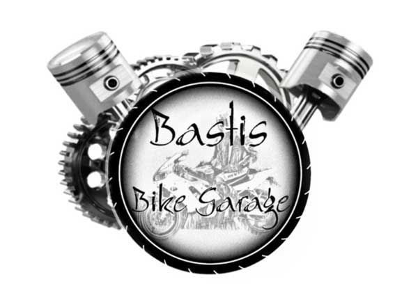 Logo für Bastis Bike Garage, mit Motorradteilen und dem Bild eines Fahrers.