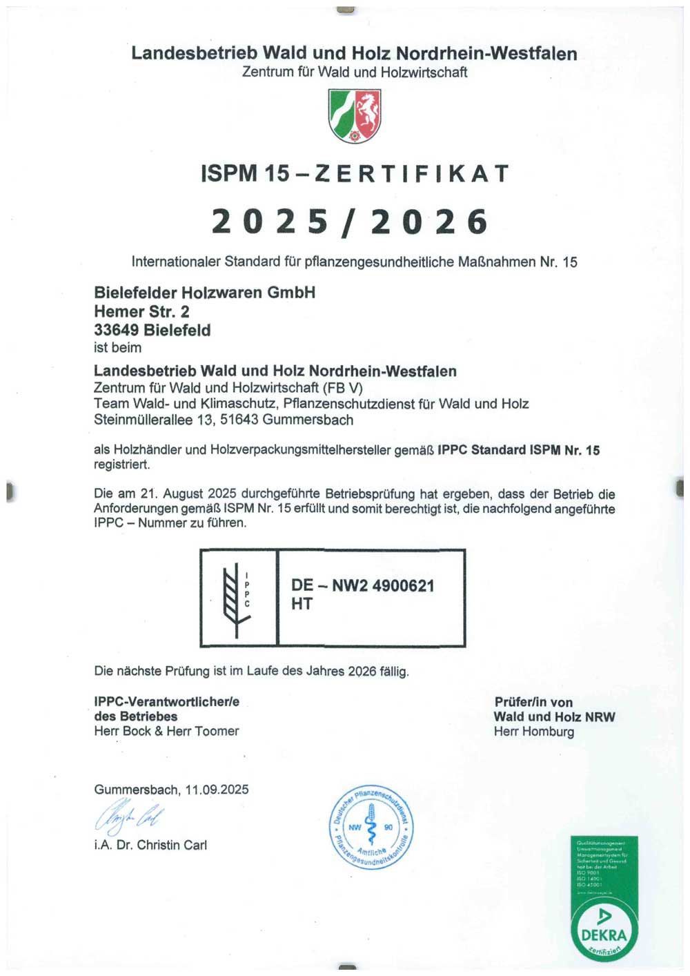 Es handelt sich um ein Zertifikat mit der Aufschrift ISPM 15 - Zertifikat 2024.