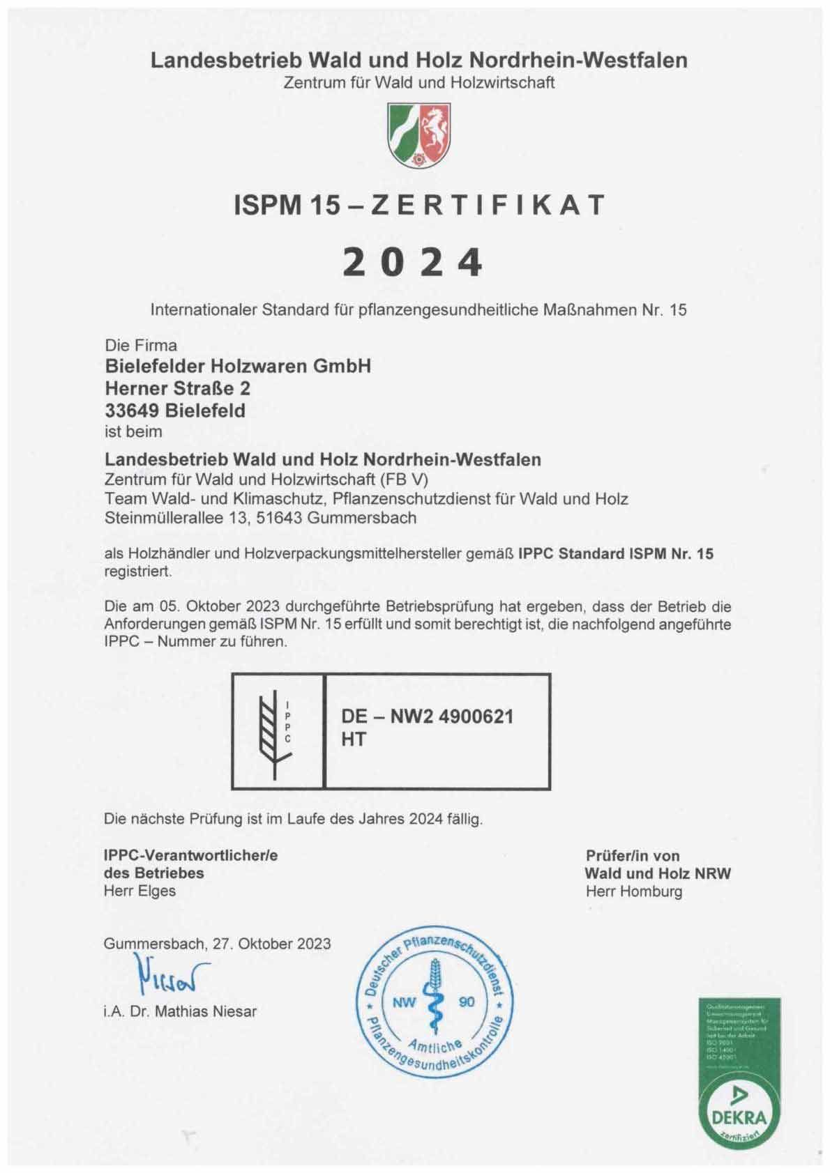 Es handelt sich um ein Zertifikat mit der Aufschrift ISPM 15 - Zertifikat 2024.