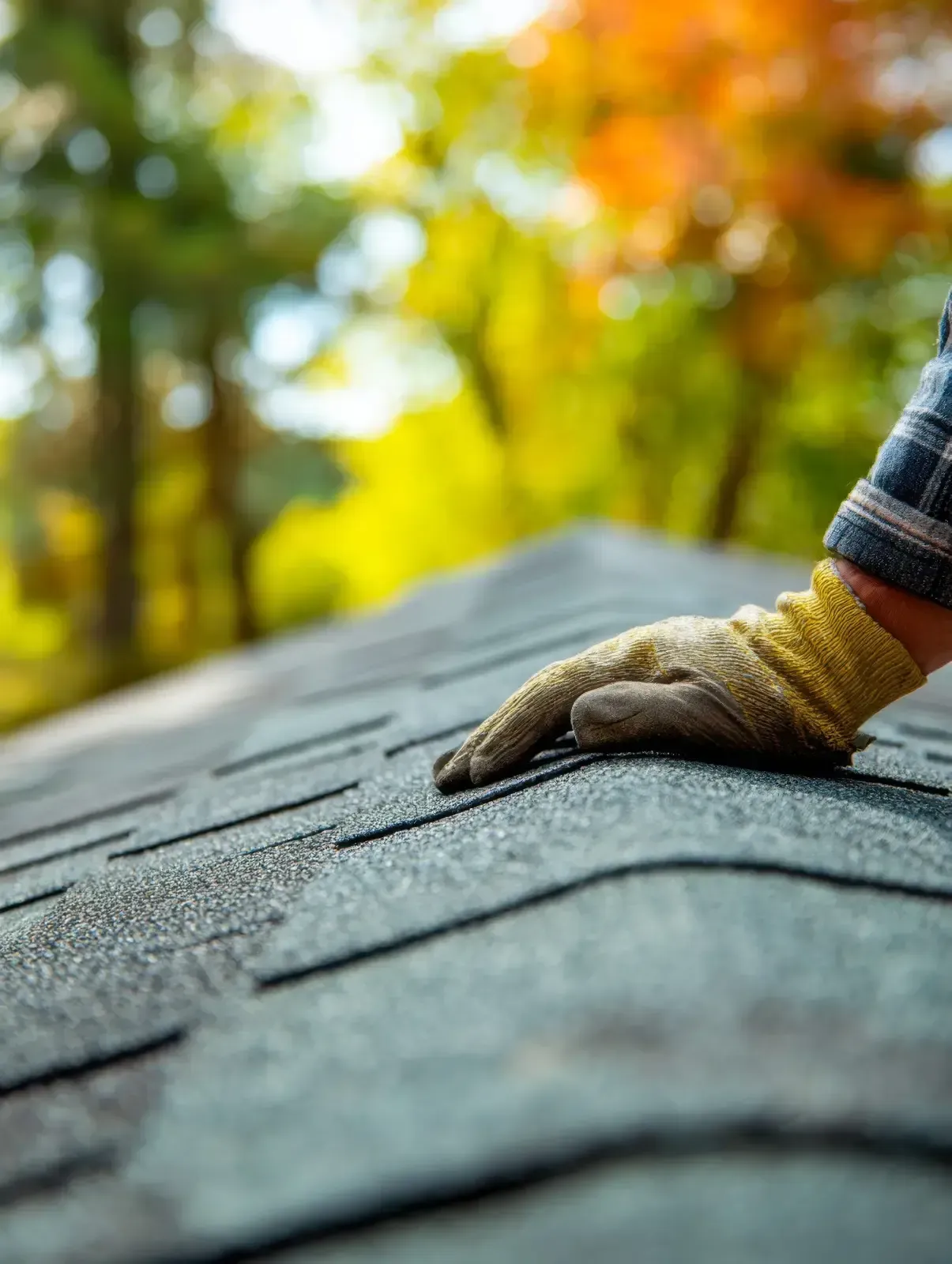 Una mano enguantada descansa sobre tejas de color gris oscuro, con árboles otoñales difuminados al fondo.