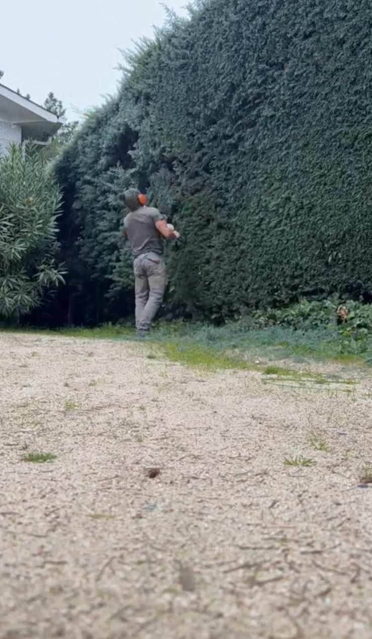 Una persona vestida con camisa y pantalón grises se encuentra de pie en un camino de grava, podando.