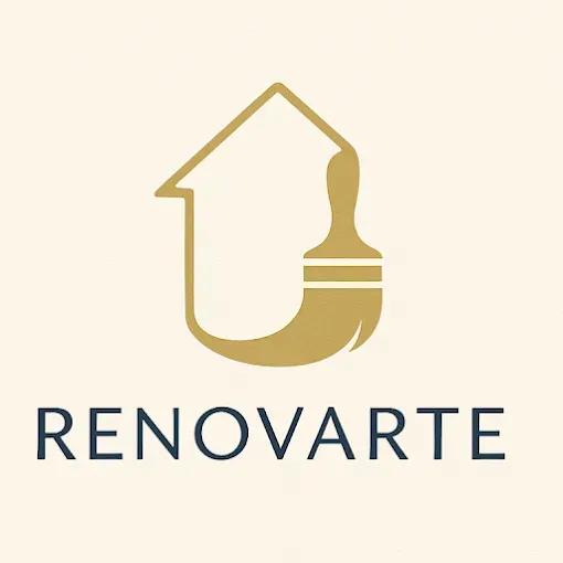 Logotipo dorado de una casa y un pincel sobre la palabra “RENOVARTE” en texto azul oscuro sobre un fondo beige claro.
