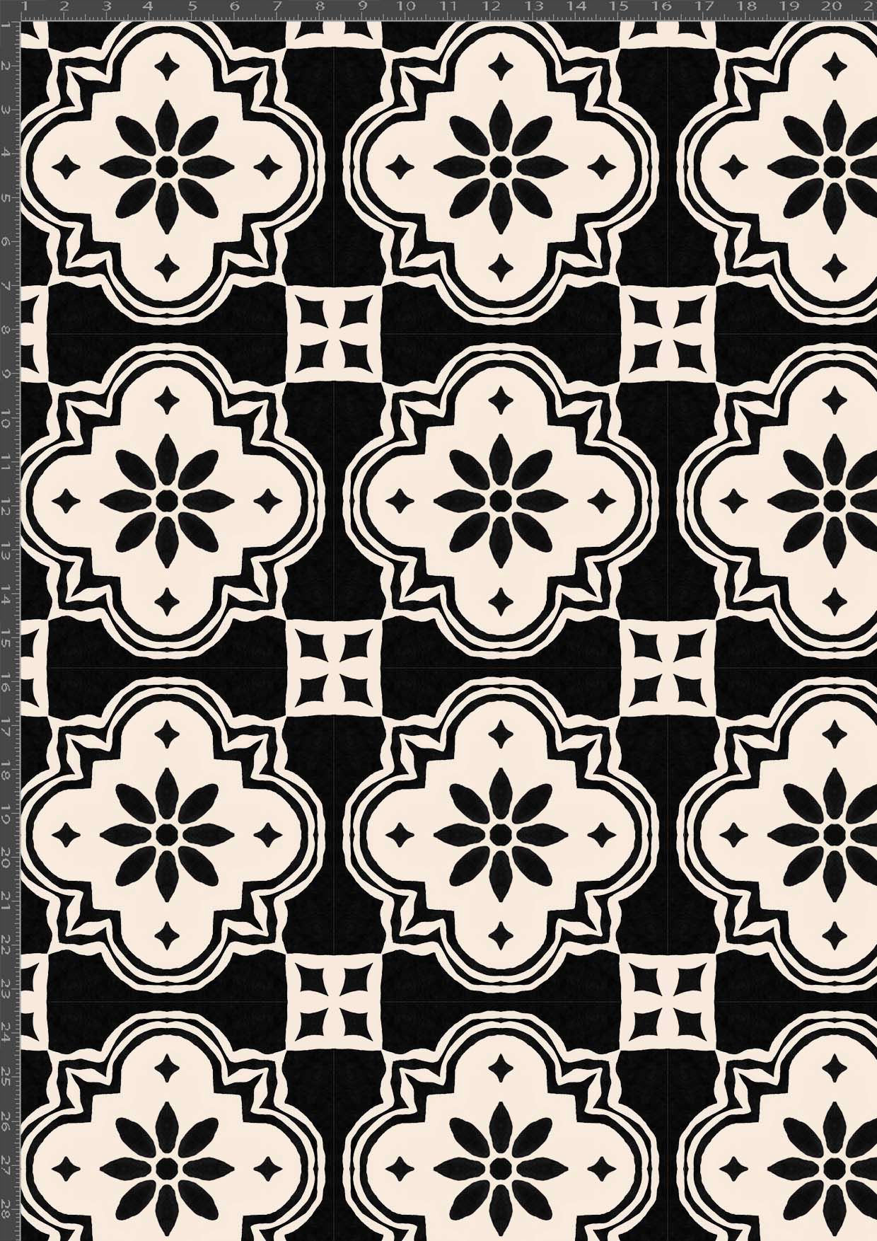 Patrón de azulejos negros y crema con motivos florales y acentos cuadrados.