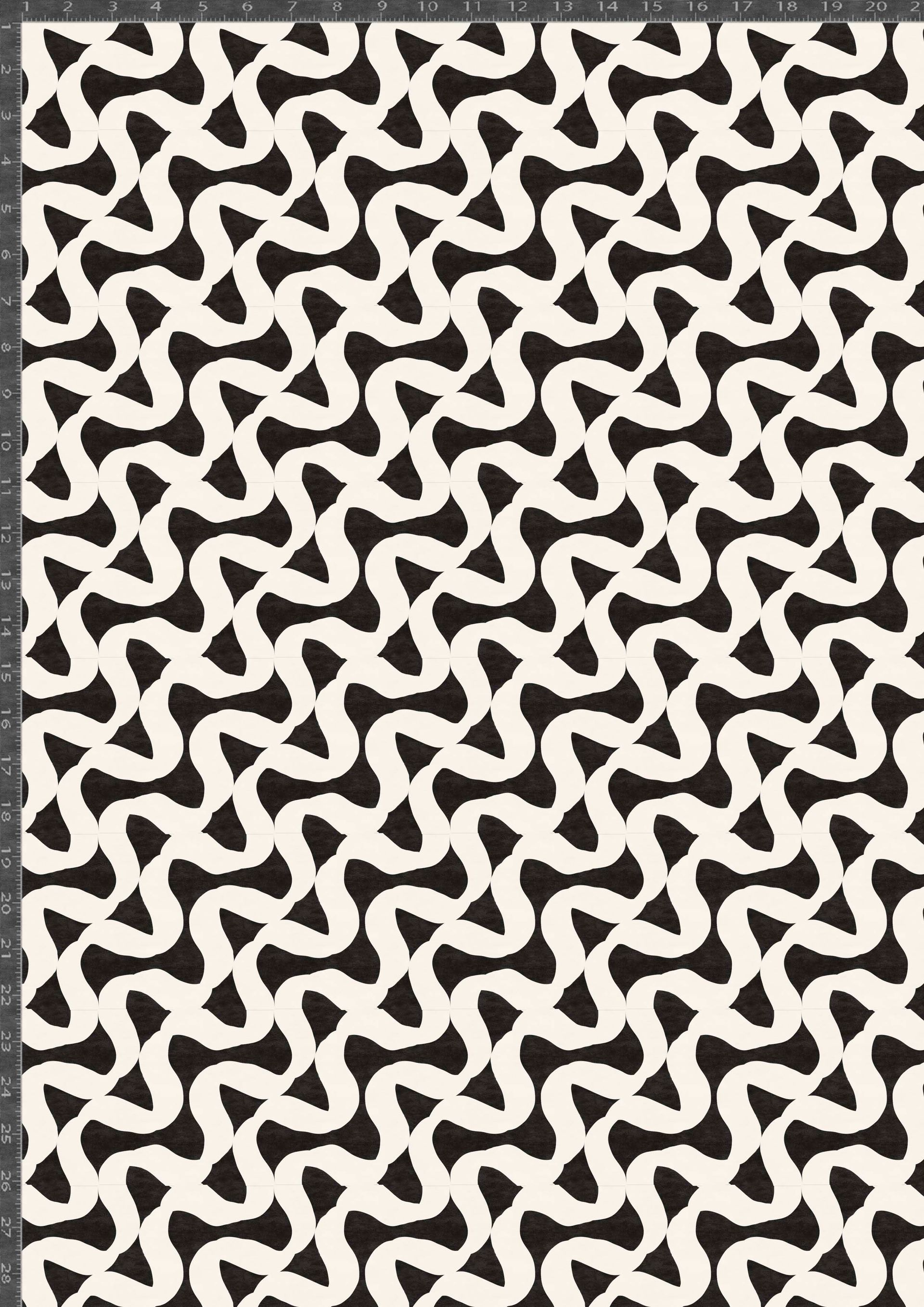 Patrón geométrico abstracto en negro y beige, con formas onduladas repetidas.