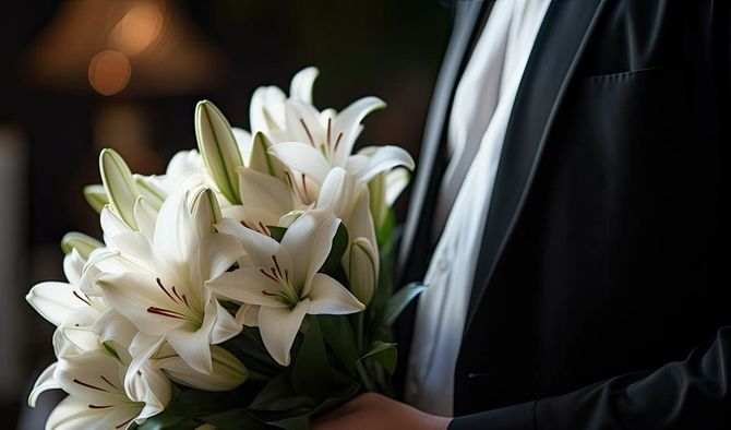 Une personne en costume noir tenant un bouquet de lys blancs lors d'un enterrement.