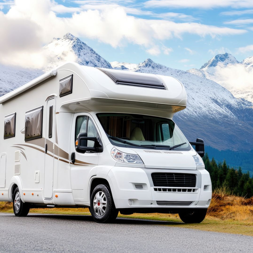 Camping-car blanc garé sur une route devant des montagnes.