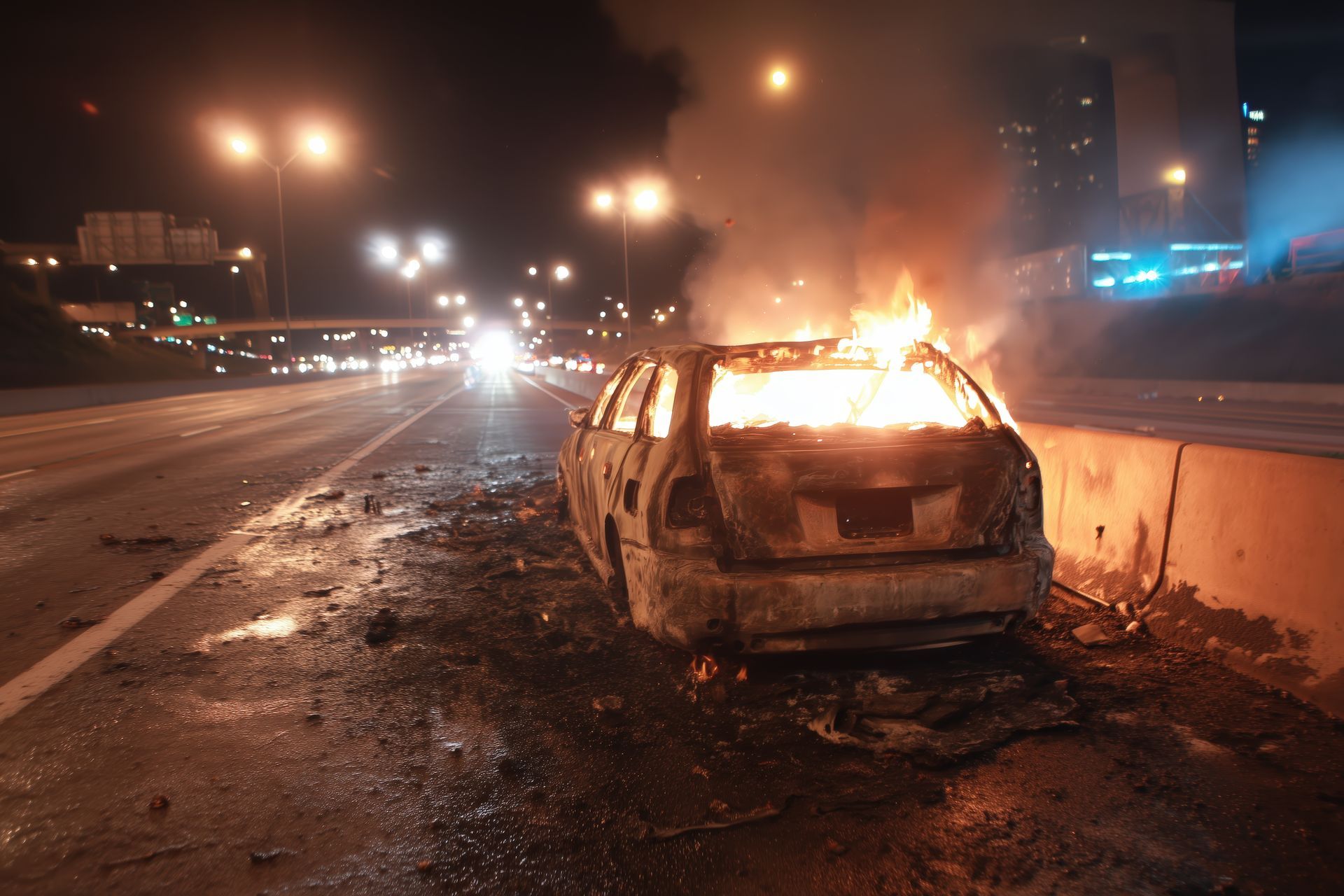 Une voiture est en flammes sur une autoroute la nuit.