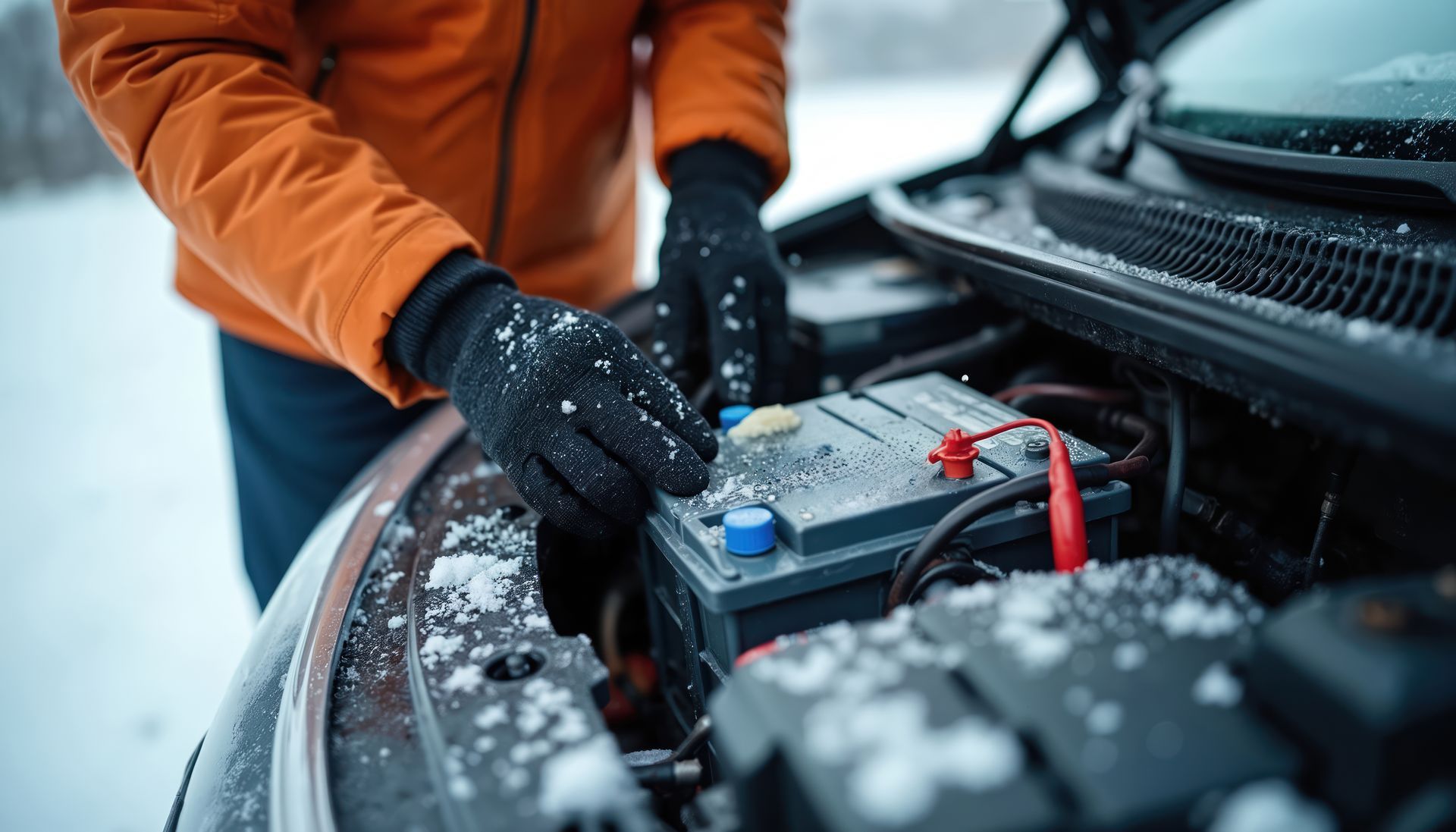 Une personne portant un manteau et des gants orange travaille sur une batterie de voiture dans un environnement enneigé.
