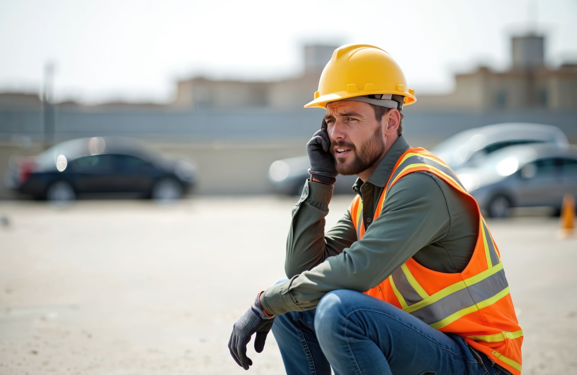 Ouvrier du bâtiment au téléphone, portant un casque et un gilet de sécurité, assis à l'extérieur près des voitures.
