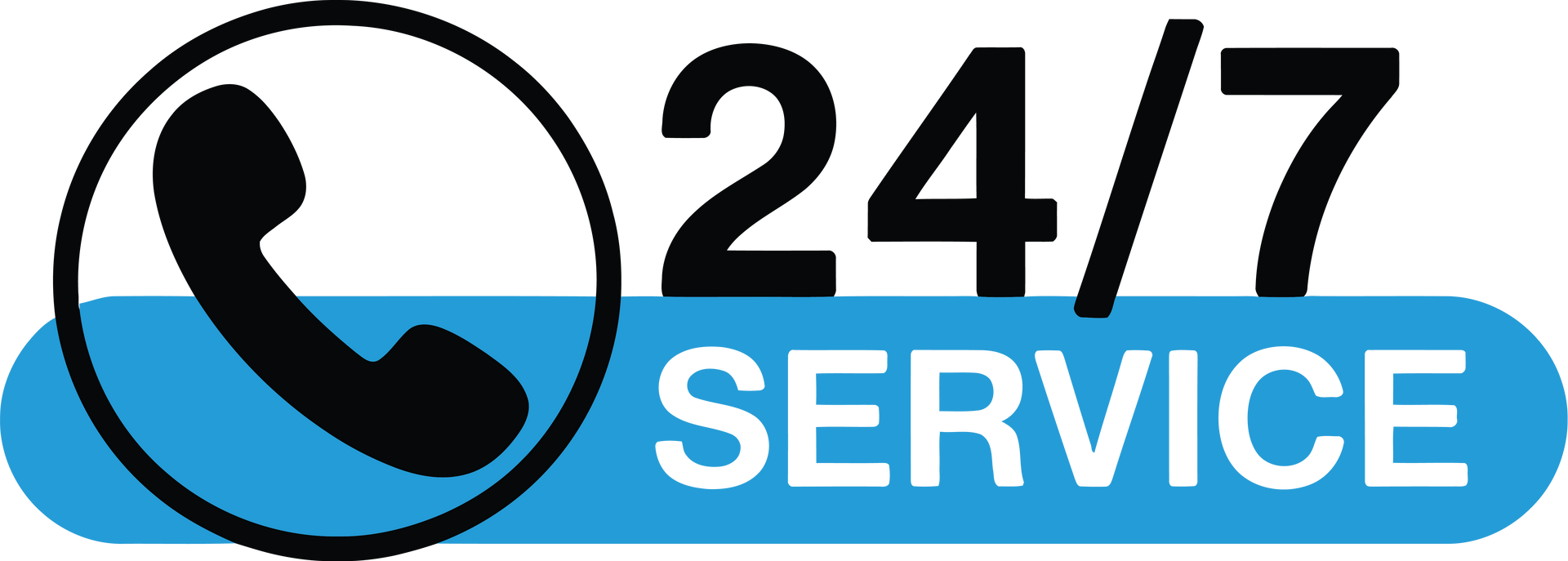 Un téléphone noir à l'intérieur d'un cercle avec « SERVICE 24/7 » sur fond bleu.