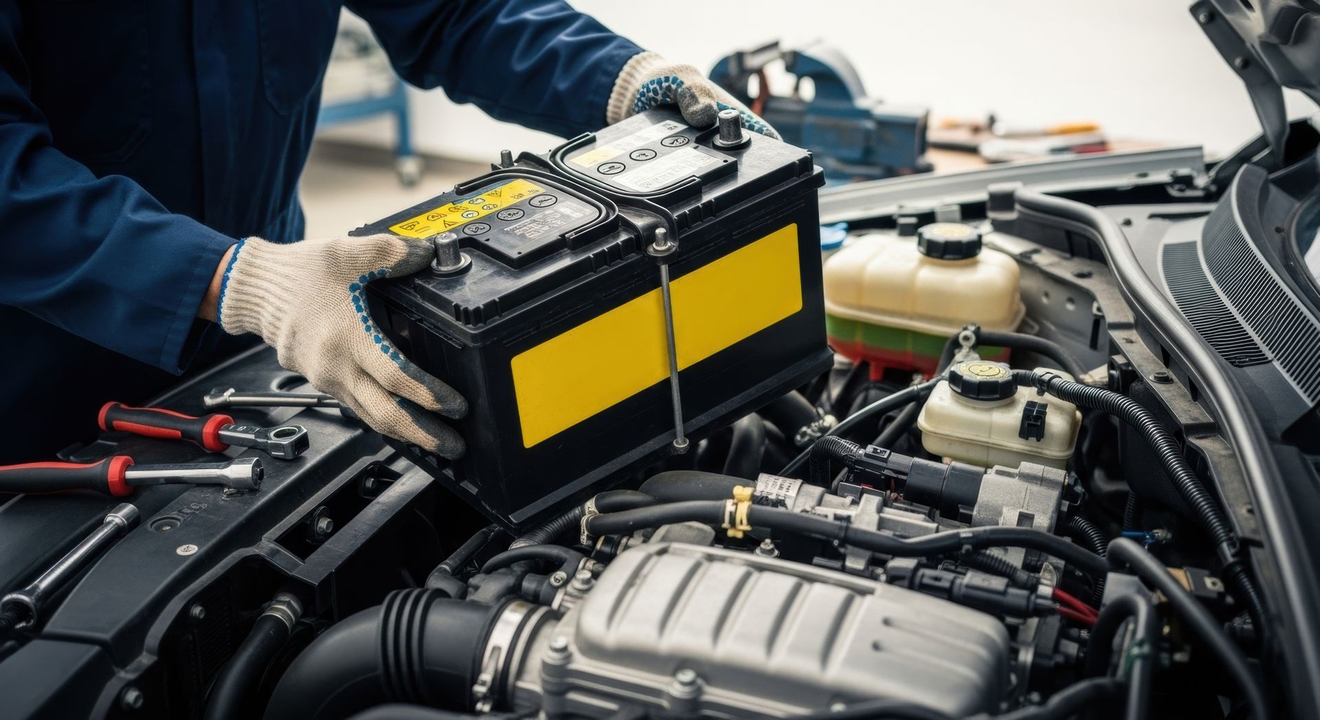 Mécanicien remplaçant une batterie de voiture dans le compartiment moteur ; mains gantées, outils, uniforme bleu foncé.
