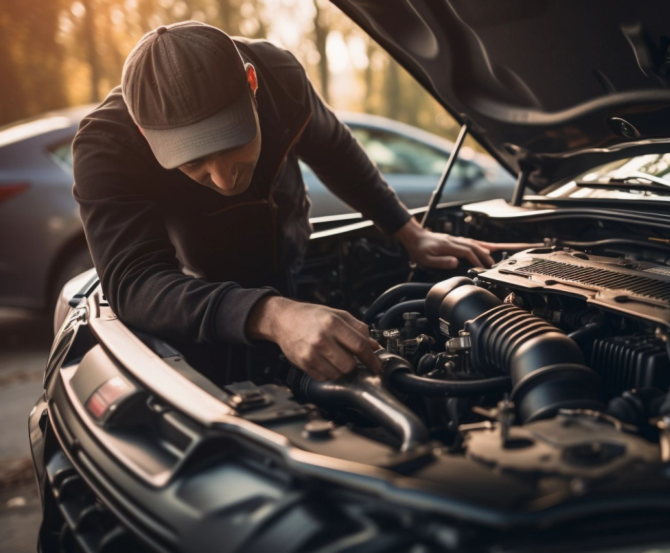 Une personne penchée au-dessus du capot ouvert d'une voiture, inspectant le moteur.
