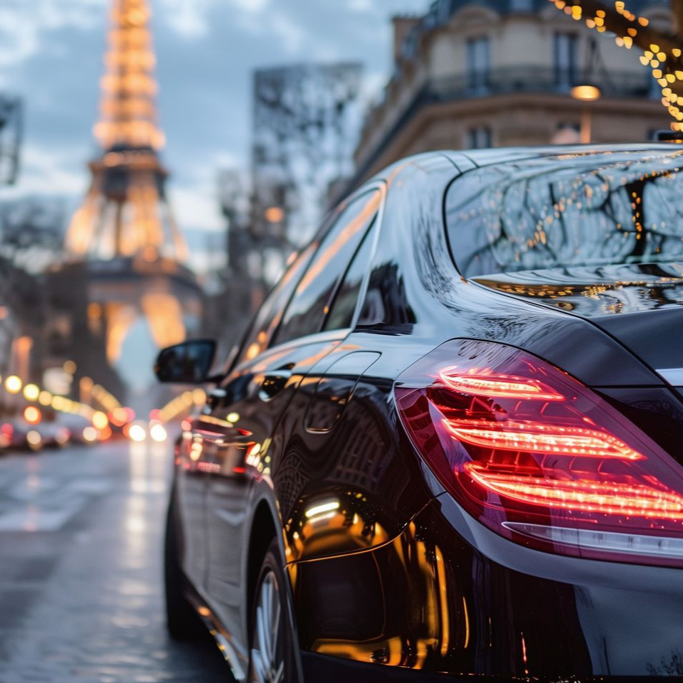 Voiture noire dans une rue parisienne, avec la tour Eiffel en arrière-plan.