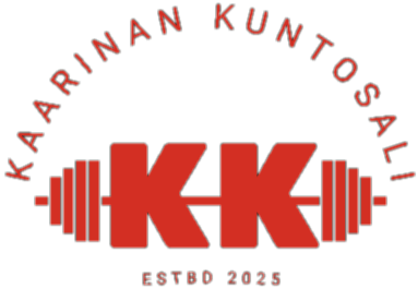 Punainen logo Kaarinan Kuntosalille ja levytanko