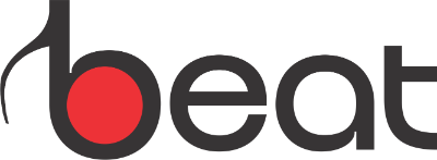 Logotipo de «beat» en negro y rojo, con un círculo rojo dentro de la letra «b»