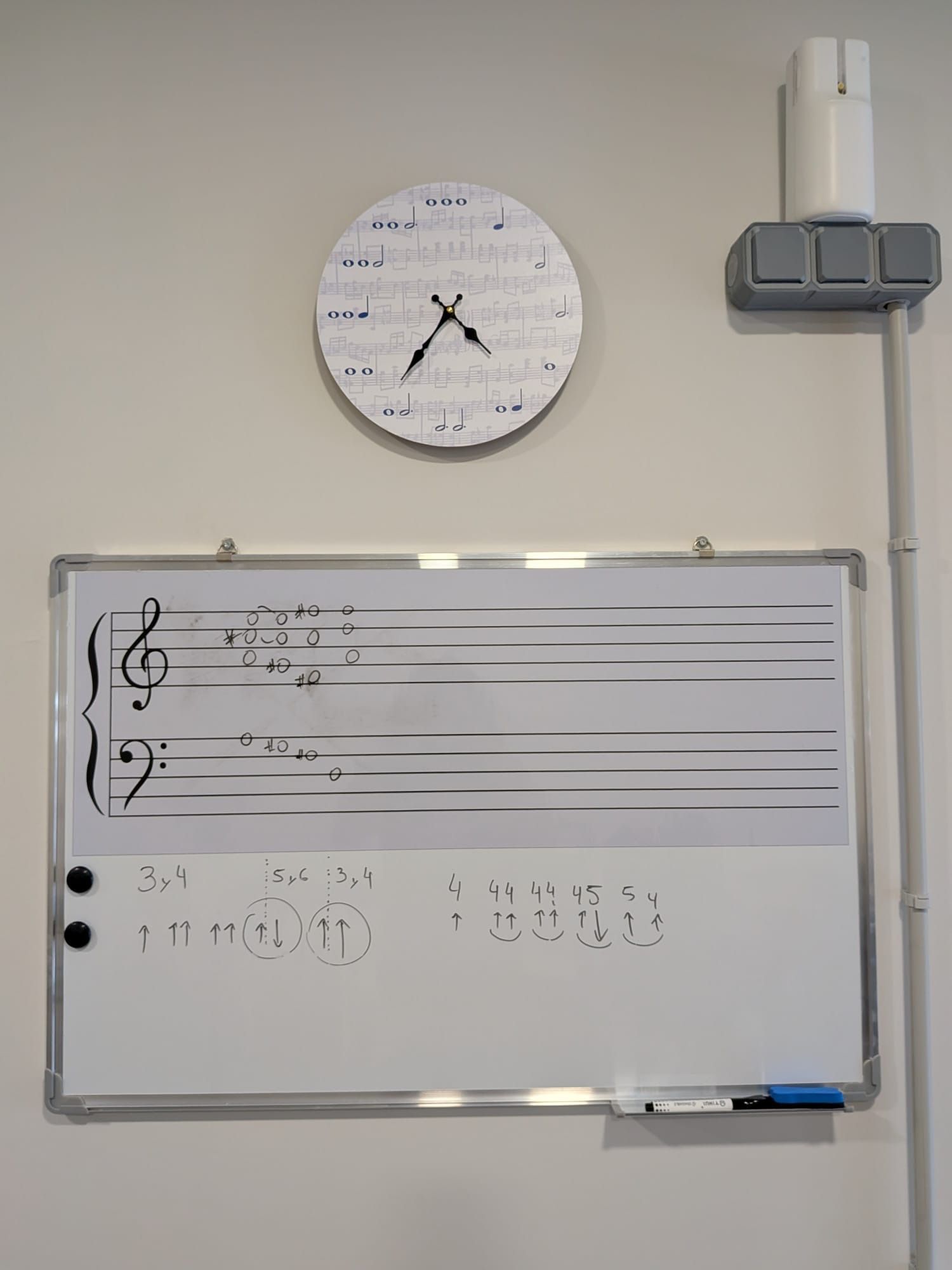 Pizarra con un pentagrama y notas musicales en una pared, debajo de un reloj y un enchufe.