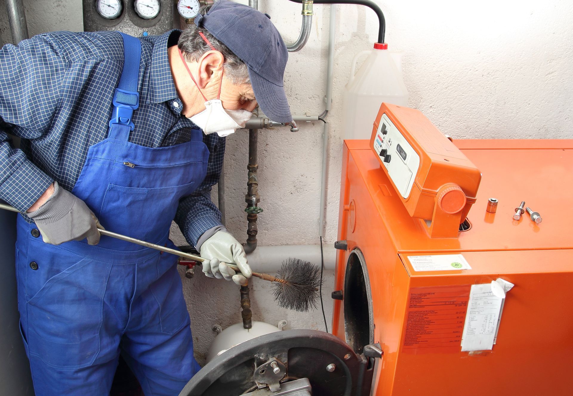 Un ouvrier en salopette et masque utilise une brosse métallique pour nettoyer l'intérieur d'une chaudière industrielle.