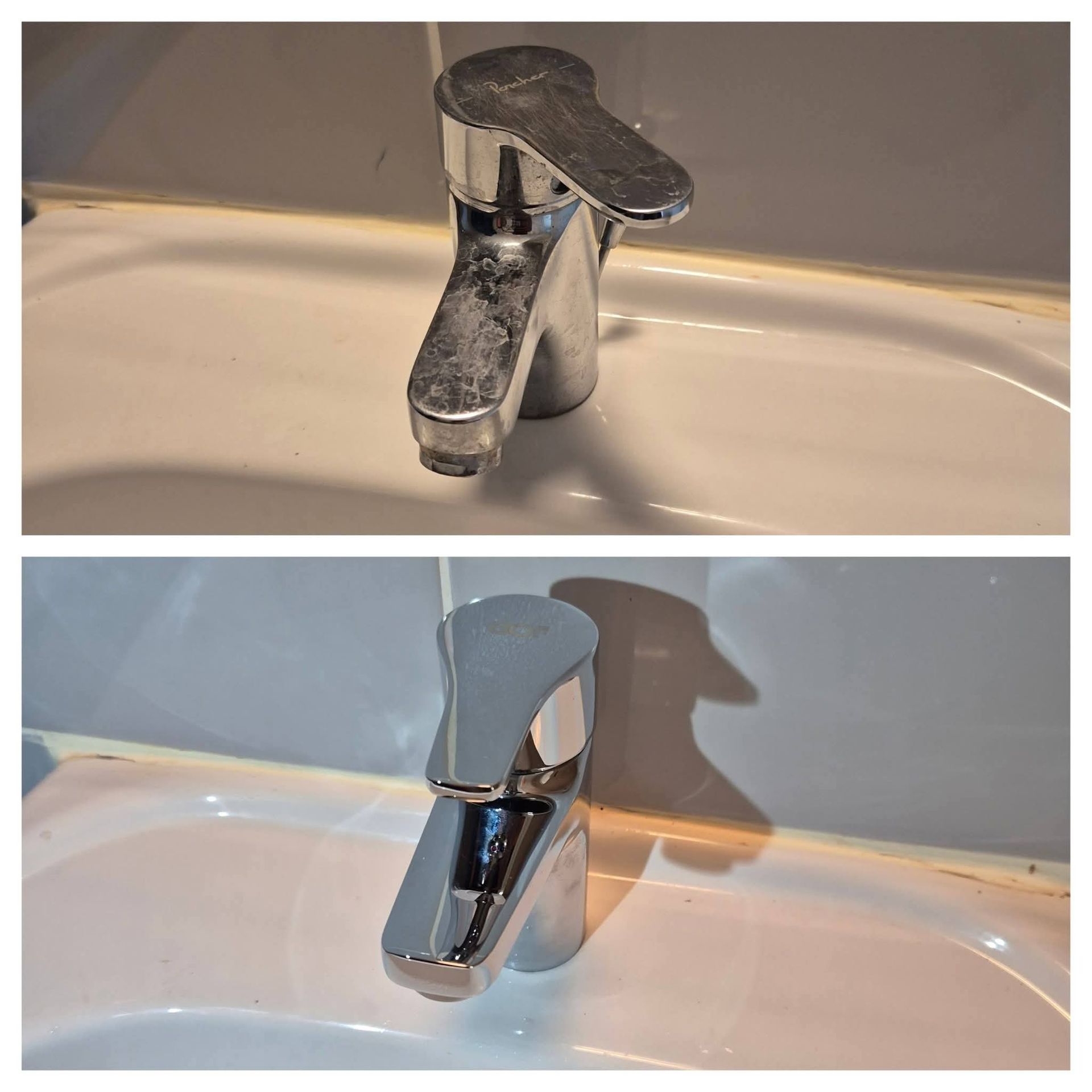 Comparaison avant et après nettoyage d'un robinet de salle de bains éliminant les dépôts de calcaire.