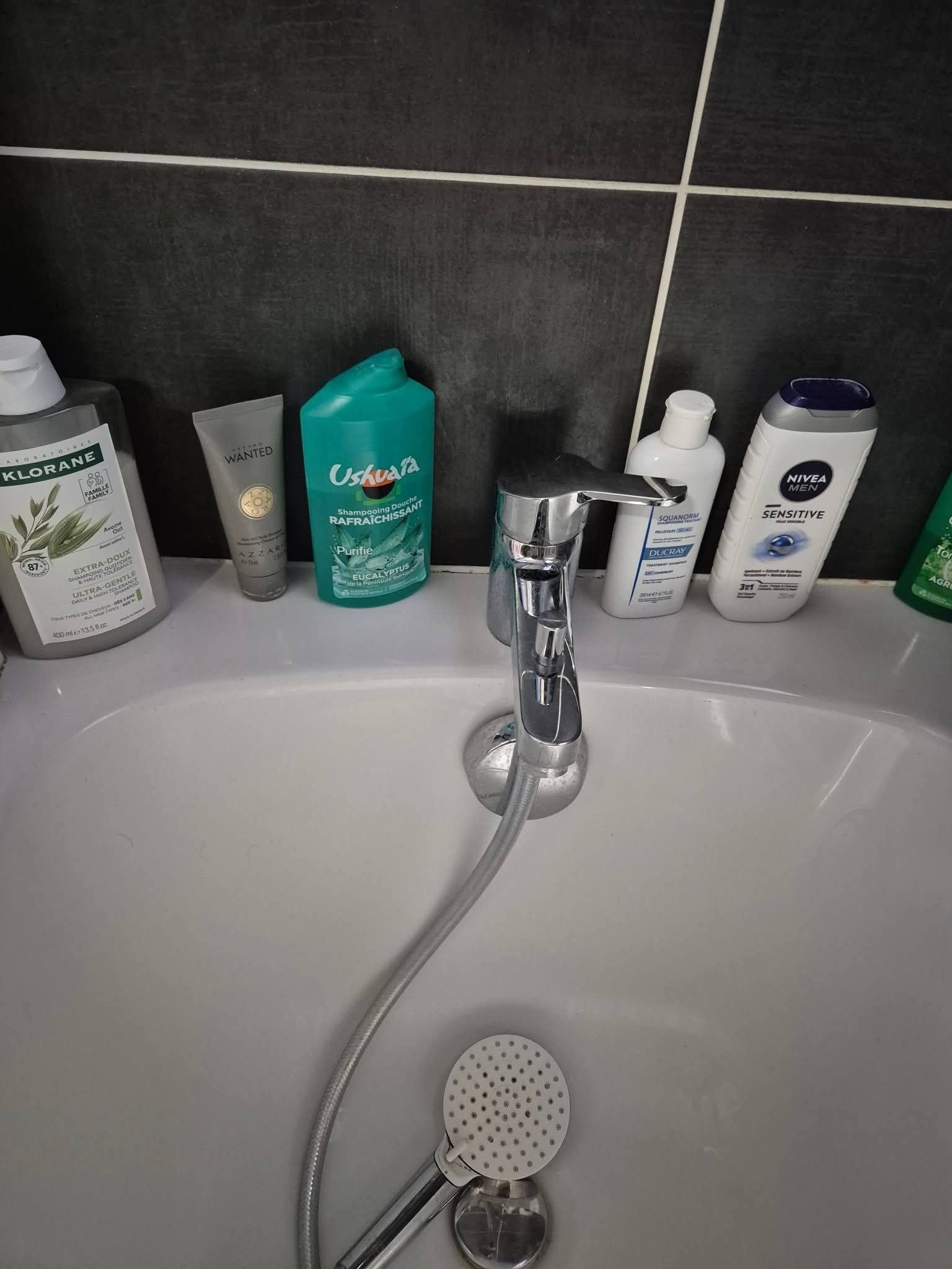 Un robinet de lavabo avec douchette, entouré de plusieurs flacons de produits de toilette, sur un mur carrelé sombre.