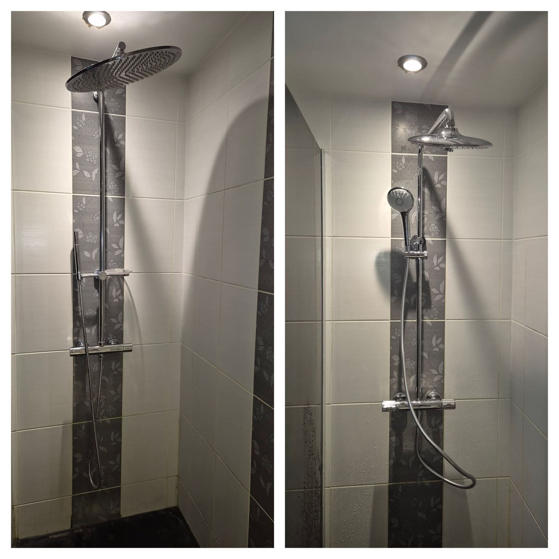 Deux photos côte à côte d'un système de douche avec une grande pomme de douche de tête effet pluie et une douchette à main sur une barre.
