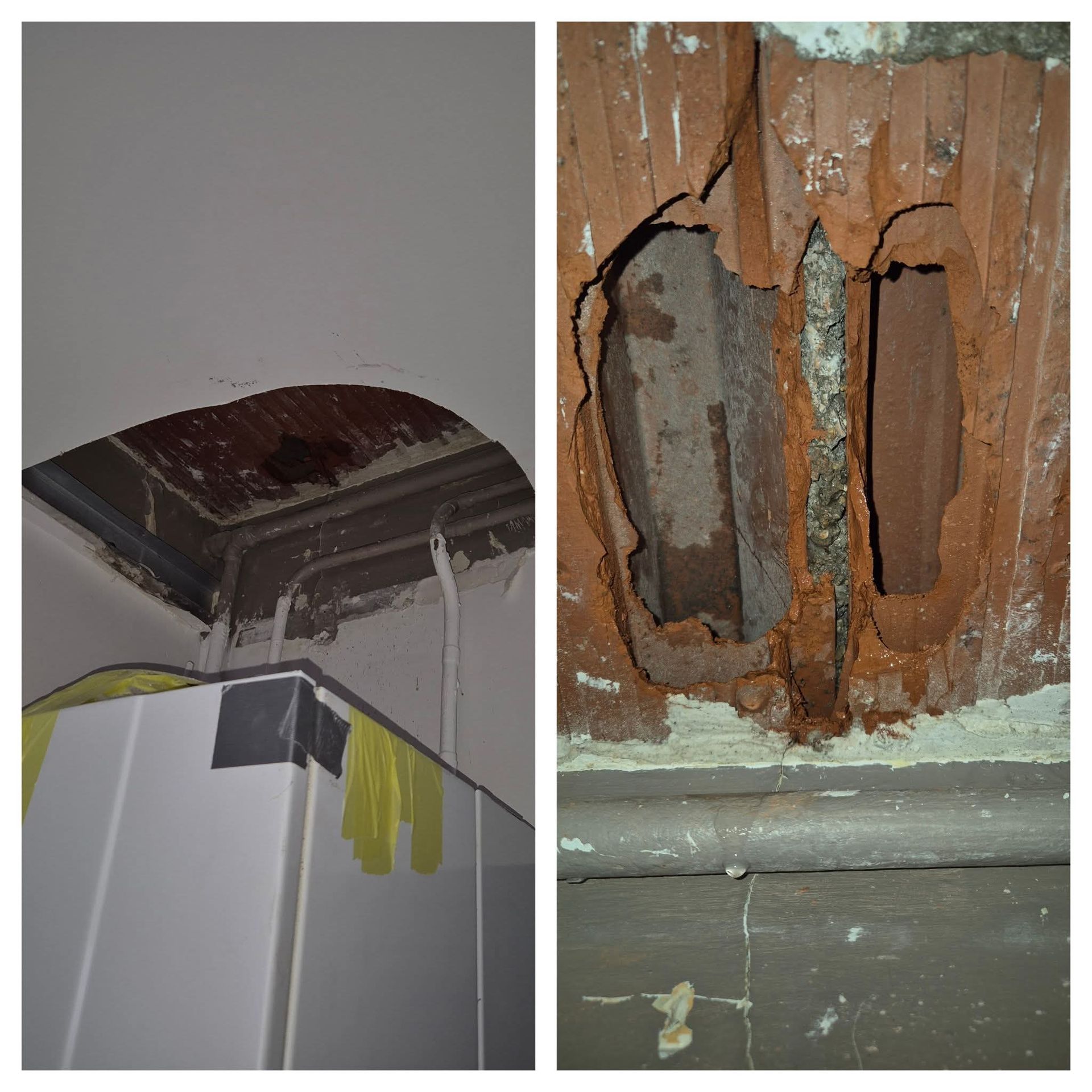 Deux vues d'un trou dans un plafond en briques, près de tuyaux et d'un appareil électroménager, montrant des dommages structurels à la maçonnerie.